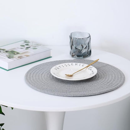 Round Woven Placemats Set of 8 Heat Resistant Placemats 13.5 Inches Farmhouse Cotton Rope Place Mats for Dining Tables Trivets for Hot Dishes, Grey Set