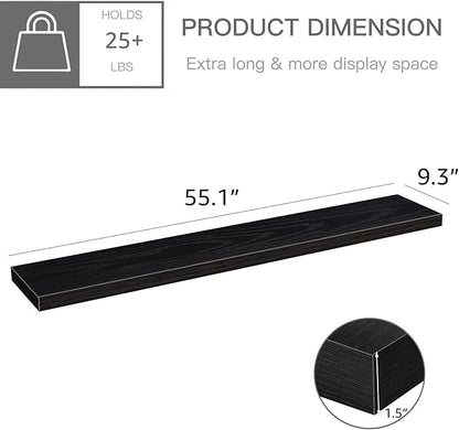QEEIG Floating Shelves for Wall 55.1" Extra Long - Wall Mounted Shelf Bathroom Kitchen Living Room Bedroom Farmhouse Home Decor Display Bookshelf Large 55.1 x 9.3 inch Set of 2, Black (008-140B)