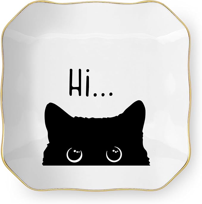 Cute Cat Themed Gifts, Ceramic Jewelry Dish Tray Holder, Trinket Dish, Funny Gifts for Cat Lover Owner Women Friend Birthday, Home Living Room Shelf Desk Table Decor
