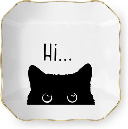 Cute Cat Themed Gifts, Ceramic Jewelry Dish Tray Holder, Trinket Dish, Funny Gifts for Cat Lover Owner Women Friend Birthday, Home Living Room Shelf Desk Table Decor