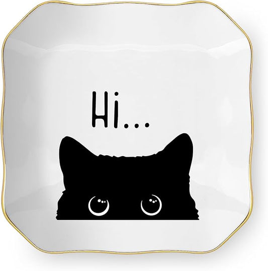Cute Cat Themed Gifts, Ceramic Jewelry Dish Tray Holder, Trinket Dish, Funny Gifts for Cat Lover Owner Women Friend Birthday, Home Living Room Shelf Desk Table Decor