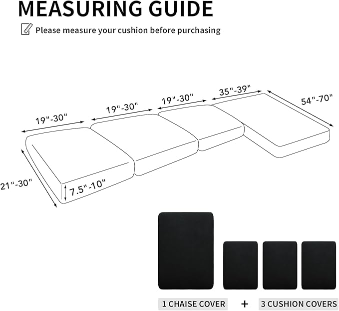 Easy-Going 100% Waterproof 4 Pieces Couch Cushion Covers for Sectional Sofa Left/Right L Shape Chaise Lounge Sofa Seat slipcover Anti-Slip Sofa Cover (3 Seater + 1 Chaise, Black