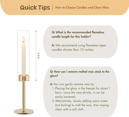 Gold Hurricane Candle Holders Set of 3, Tall Metal & Windproof Glass Taper Candle Holders, Brass Candlesticks Holder Decorations, Table Centerpieces for Weddings, Christmas, Parties, Fireplace Decor