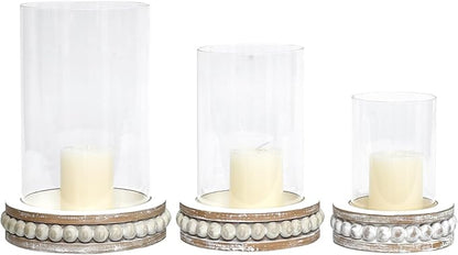 SWALLOWLIVING Glass Hurricane Candle Holders for Pillar Candles - Farmhouse Rustic Distressed White, Set of 3 with Wood Beaded Base