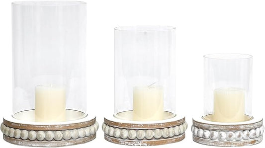SWALLOWLIVING Glass Hurricane Candle Holders for Pillar Candles - Farmhouse Rustic Distressed White, Set of 3 with Wood Beaded Base