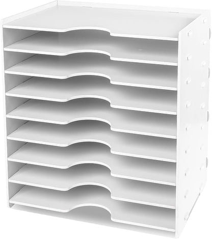 Paper Organizer Storage for Desk, 9 Tier Construction File Organizer Paper Sorter, Desktop Document Storage Holder for Home Office School, 14 1/8" x 10 1/4" x 15 3/8", White