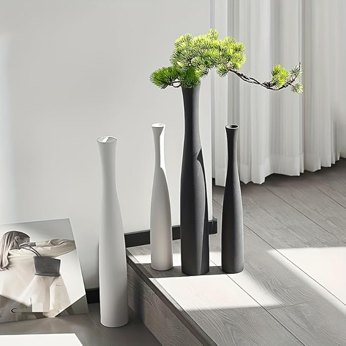 Matte Black Vase 2PCs| Minimalist Vase for Home Decor | Tall Skinny Vases | 3D Printed Plastic Faux Ceramic Cylinder | Aesthetic Single Stem Holder for Wedding Living Room Table Centerpiece (Black)