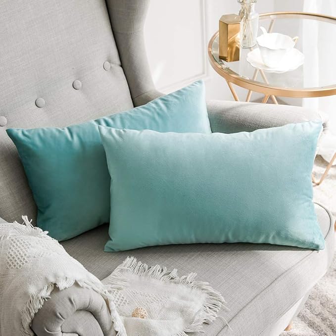 MIULEE Velvet Throw Pillow Covers 12x20 Inch, Pack of 2 - Aqua Green, Soft Solid Lumbar Decorative Pillow Covers Modern Luxury Home Decor for Spring Couch Sofa Bedroom Livingroom