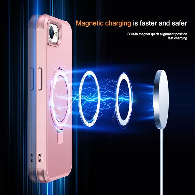Compatible with iPhone 16E Case with Invisible Magnetic O-Ring Stand Military-Grade Case for iPhone 16E 6.1" 2025 [Compatible with Mag-Safe][Great Grip Feeling], Rose Gold