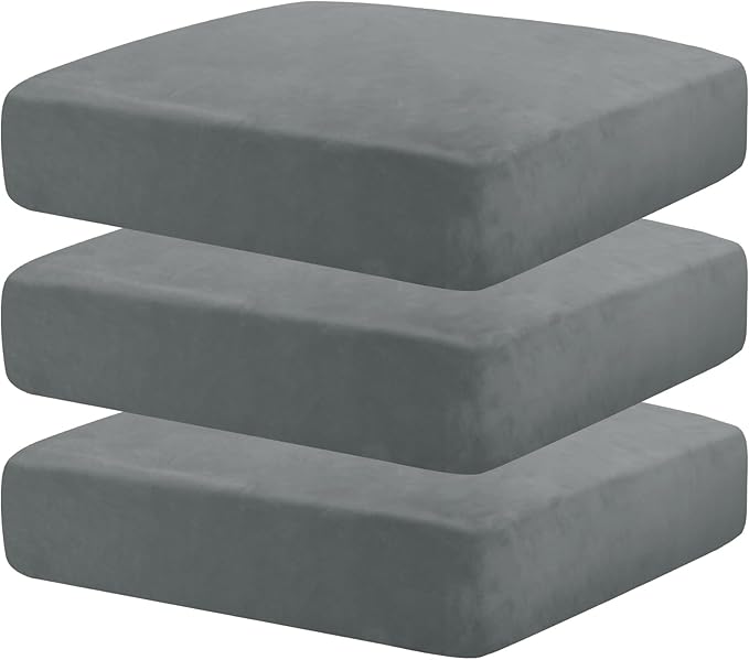 MAXIJIN Velvet Stretch Seat Cushion Covers Couch Cushion Cover for Individual Cushions Sofa Seat Cushion Slipcovers with Elastic Bottom (3 Piece XL Sofa Cushion Covers, Light Grey)