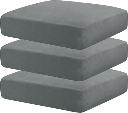MAXIJIN Velvet Stretch Seat Cushion Covers Couch Cushion Cover for Individual Cushions Sofa Seat Cushion Slipcovers with Elastic Bottom (3 Piece XL Sofa Cushion Covers, Light Grey)