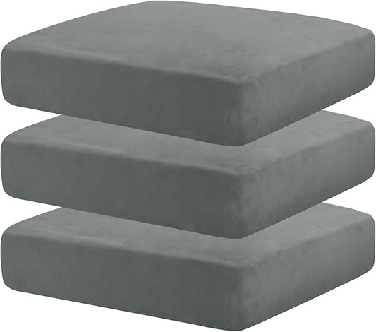 MAXIJIN Velvet Stretch Seat Cushion Covers Couch Cushion Cover for Individual Cushions Sofa Seat Cushion Slipcovers with Elastic Bottom (3 Piece XL Sofa Cushion Covers, Light Grey)