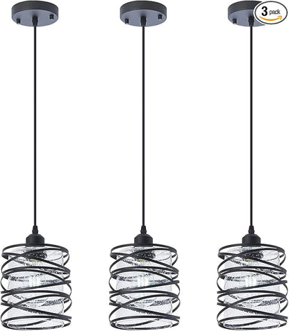 Modern Mini Pendant Light Fixture 3-Pack Kitchen Island Pendant Lighting 6.3''Matte Black Spiral Cage Handblown Clear Seeded Glass Shade Adjustable Cord for Dining Room