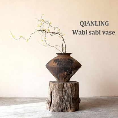 Wabi Sabi Rusty Vintage Vase, 11.4" Tall Wabi Sabi Decor Rustic Farmhouse Pottery Vase for Centerpiece, Textured Pottery Flower Vases for Home Decorative, Table, Living Room (Black Brown, Large)