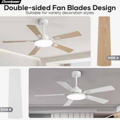 52 Inch Ceiling Fans with Lights and Remote for Bedroom Living Room Kitchen Office, Indoor/Outdoor Use, 5CCT Dimmable, 5 Blades, 6 Speed Reversible Quiet DC Motor, White/Wood Grain