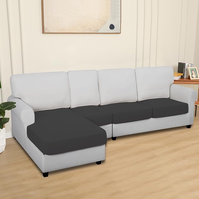 Easy-Going 100% Waterproof 4 Pieces Couch Cushion Covers for Sectional Sofa Left/Right L Shape Chaise Lounge Sofa Seat slipcover Anti-Slip Sofa Cover (3 Seater + 1 Chaise, Dark Gray