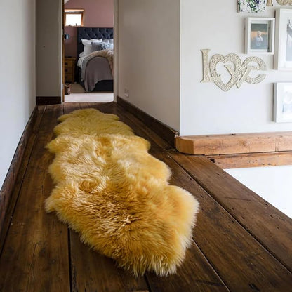 HUAHOO Premium Genuine Sheepskin Rug Camel Real Australia Sheepskin Natural Lambskin Fur Area Rug Seat Covers for Kids Bedroom Sofa Chair Cover Pets Dogs Mat Double Pelt/2' x 6' Banana Yellow