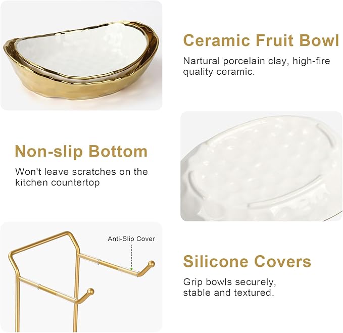 Ceramic Fruit Bowl for Kitchen Counter - 2 Tier Fruit Bowls with Metal Stand, Tiered Fruit Basket Stand for Countertop, Snack, Nuts, Cake, Dessert, Small & Cute (Gold)