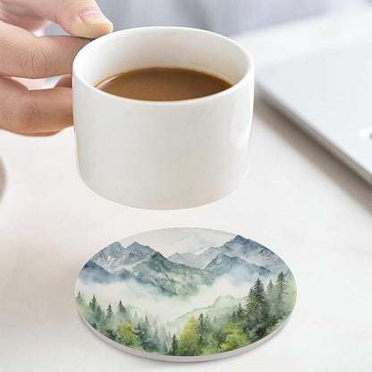 Round-4PCS Forest Ceramic Coasters, Round Absorbent Drink Coasters, Watercolor Style Nature Woodland Green Forest Mountain Plant Ceramic Table Coasters for Coffee, Beverage, Wine, Beer Coasters