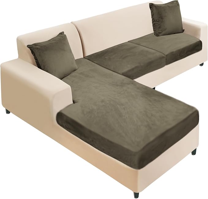 Sectional Couch Cover 3 Pieces Velvet Separate Couch Cushion Covers L Shape Soft Stretch Sofa Slipcovers with 2pcs Pillowcases for Left/Right Chaise Sectional Couch(2 Seater+1 Chaise,Olive Green)