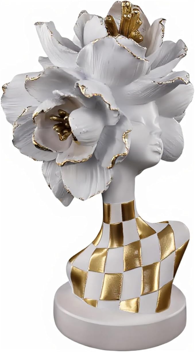 White and Gold African Lady Sculpture – Elegant Resin Figurine with Floral Crown, Modern African Art Decor for Living Room, Cultural Gift for Women