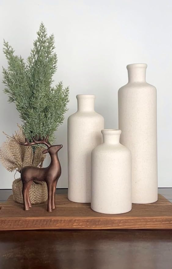 Tall Off-White Ceramic Vase Set of 3– Large Modern Farmhouse Decor Vases for Living Room, Coffee Table & Shelf Styling – Minimalist Neutral Decorative Flower Vases, Elegant Home Accent Gift