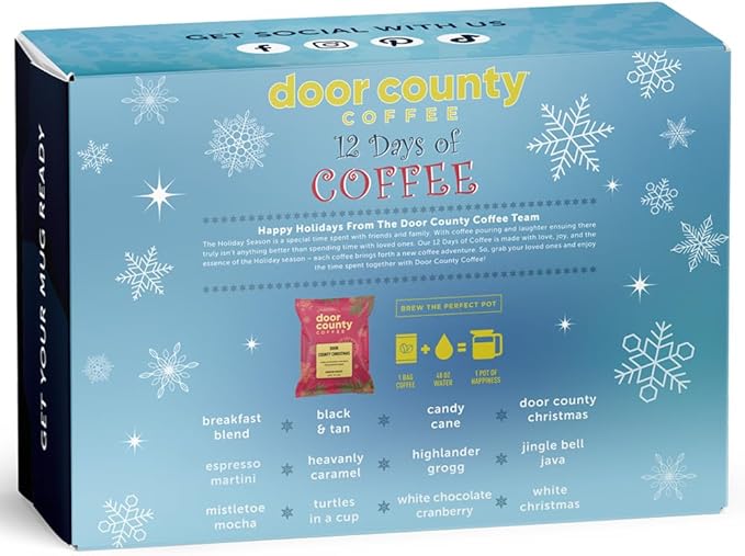 12 Days of Coffee - 2025 Christmas Advent Calendar - 12 Flavored Ground Full-Pot Bags - Unique Flavor Each Day