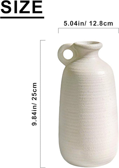 Sunddo White Vase with Handle, 10 inch Ceramic Rustic Vase, Farmhouse Decor, Boho Modern Decorations, Table, Living Room, Shelf, Mantel Decor