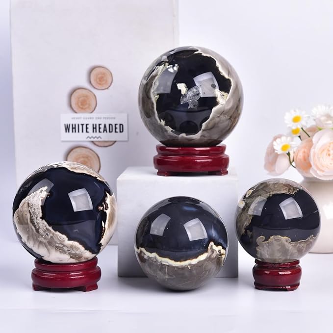 JIC Gem 2.7-3.1 inch(70-80mm) Large Volcanic Agate Crystal Sphere Quartz Crystal Ball with Stand Healing Ornament Witchcraft Meditation Decor