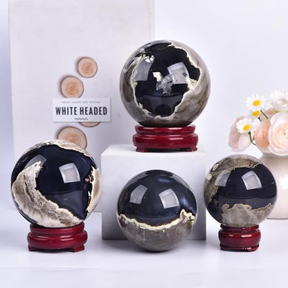 JIC Gem 2.7-3.1 inch(70-80mm) Large Volcanic Agate Crystal Sphere Quartz Crystal Ball with Stand Healing Ornament Witchcraft Meditation Decor