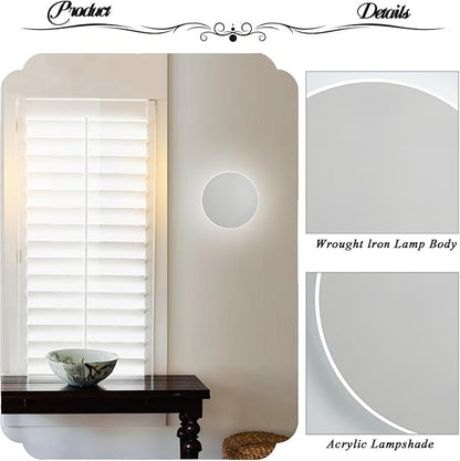 Modern Minimalist Wall Light White Round Disc Wall Sconce Metal Circular Stairwell Lighting LED Sconce for Living Room Bedroom 6000K White Light