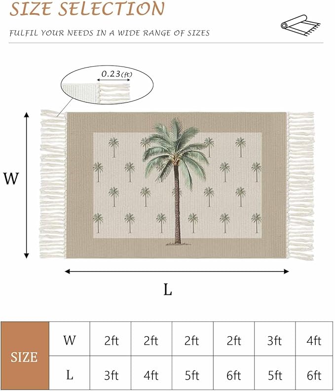 Tropical Palm Tree Hallway Runner Rug 2X6 Ft Kitchen Carpet, Washable Woven Brown Summer Beach Plant Throw Carpet with Tassel, Non-Shedding Farmhouse Retro Green Botanical Bedroom Laundry Rugs