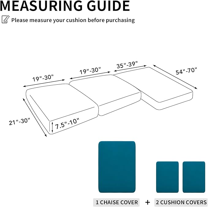 Easy-Going 100% Waterproof 3 Pieces Couch Cushion Covers for Sectional Sofa Left/Right L Shape Chaise Lounge Sofa Seat slipcover Anti-Slip Sofa Cover (2 Seater + 1 Chaise, Peacock Blue