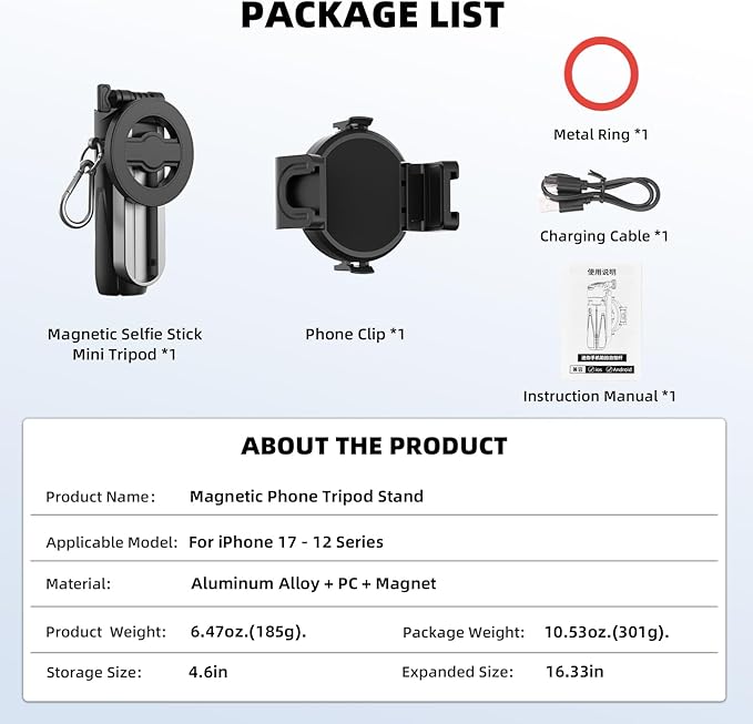 Magnetic Selfie Stick Mini Tripod for iPhone, Portable Pocket 4-in-1 Multifunctional 360° Rotation Phone Handle Grip Stand with Detachable Remote/Clip/Metal Ring for MagSafe/Android【4 Legs】