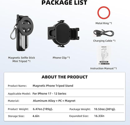 Magnetic Selfie Stick Mini Tripod for iPhone, Portable Pocket 4-in-1 Multifunctional 360° Rotation Phone Handle Grip Stand with Detachable Remote/Clip/Metal Ring for MagSafe/Android【4 Legs】