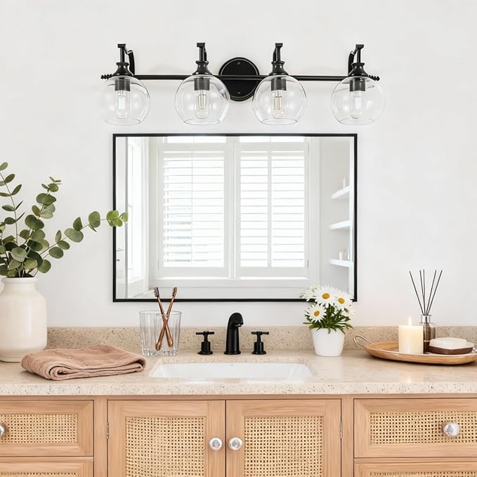 ANDY STAR 4 Light Bathroom Vanity Lights, Matte Black Bathroom Light with Clear Globe Glass Lampshade, 30.5 Inch Industrial Wall Lamp, E26 Base, Bulbs Not Included