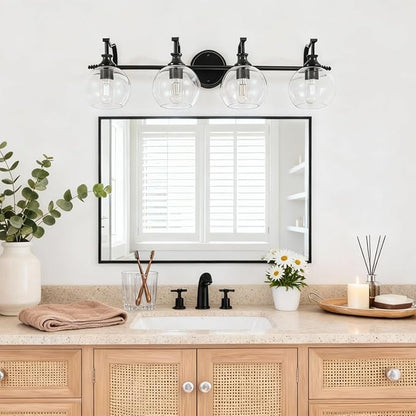 ANDY STAR 4 Light Bathroom Vanity Lights, Matte Black Bathroom Light with Clear Globe Glass Lampshade, 30.5 Inch Industrial Wall Lamp, E26 Base, Bulbs Not Included