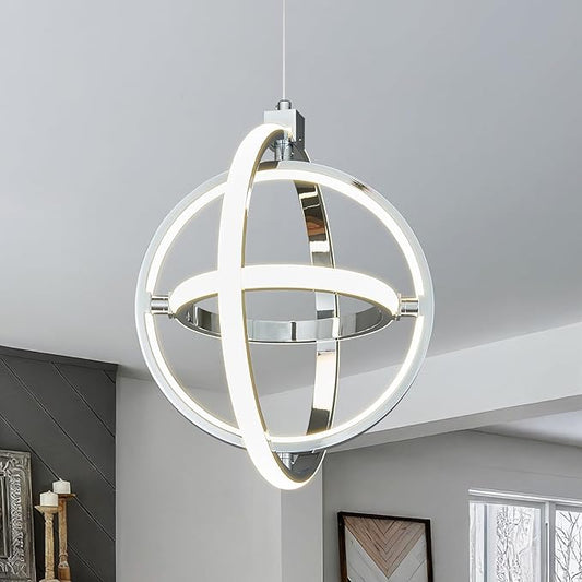 Modern LED Pendant Light Chrome Pendant Lights 4000K Dimmable External Glow Height Adjustable Pendant Lighting for Kitchen Island Dining Room Bedroom Living Room Foyer（3-Ring）