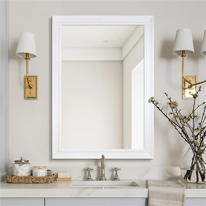 24" x 36" Rustic Wooden Framed Wall Mirror for Bathroom, White Wood Vanity Rectangle Mirror for Over Sink, Waterproof, Decor Bathroom, Living Room, Bedroom, Entryway, Horizontal/Vertical