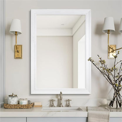 24" x 36" Rustic Wooden Framed Wall Mirror for Bathroom, White Wood Vanity Rectangle Mirror for Over Sink, Waterproof, Decor Bathroom, Living Room, Bedroom, Entryway, Horizontal/Vertical