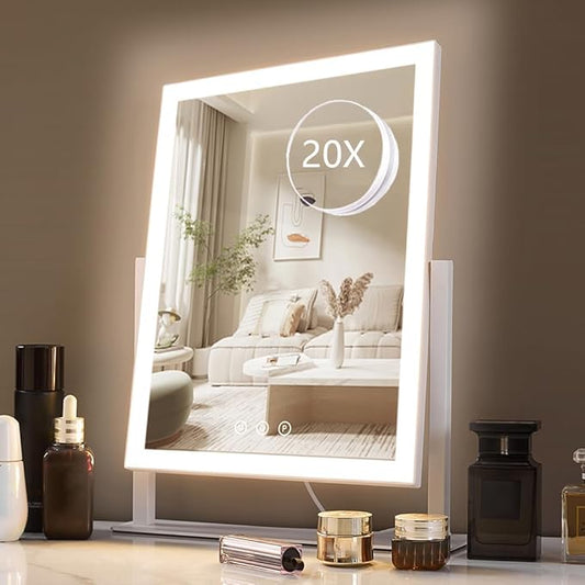 HIEEY Hollywood Vanity Mirror with Lights – 3-Color LED, 20X Magnification, 360° Rotation, 17.4" White