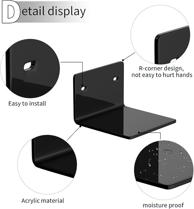 Sezanrpt 4 Inches Black Small Wall Shelves Set of 2, Acrylic Wall Organizer Shelf Display Shelves for Bedroom, Gaming Room, Living Room, Bathroom, Office, 2 Pack