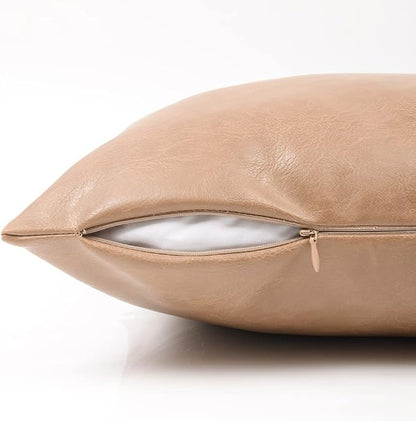 Fancy Homi 2 Packs Tan Long Lumbar Waterproof Faux Leather Decorative Throw Pillow Covers 14x24 Inch for Outdoor Couch Bed, Beige Hand Stitched Cushion Case 35x60 cm, Taupe Modern Farmhouse Home Decor
