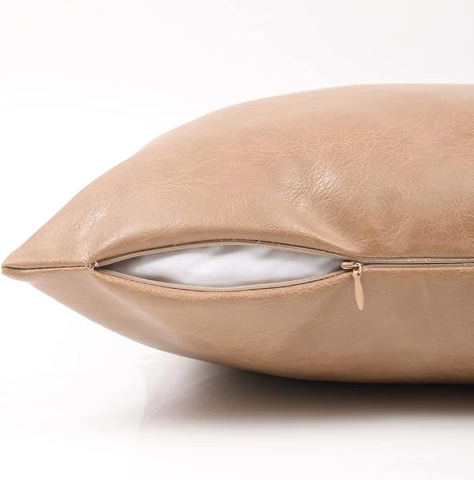 Fancy Homi 2 Packs Tan Long Lumbar Faux Leather Decorative Throw Pillow Covers 16x24 Inch for Outdoor Couch Bed, Beige Hand Stitched Cushion Case 40x60 cm, Taupe Modern Farmhouse Home Decor