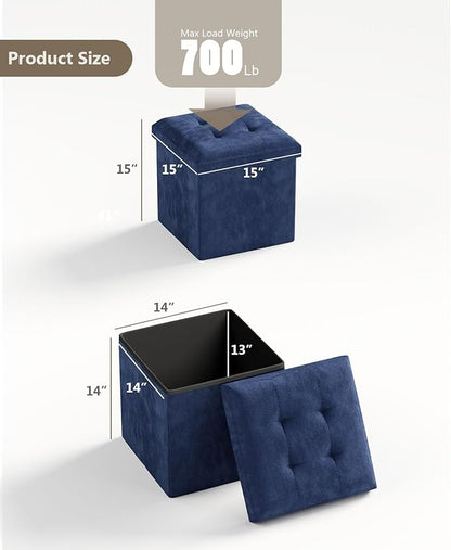 Folding Storage Ottoman Bench, Multi-Functional Ottoman Footrest, End of Bed Bench, Storage Chest for Living Room, Bedroom, Hallway, Entryway, Holds Up to 300 lbs (Navy Blue, 15 Inches)