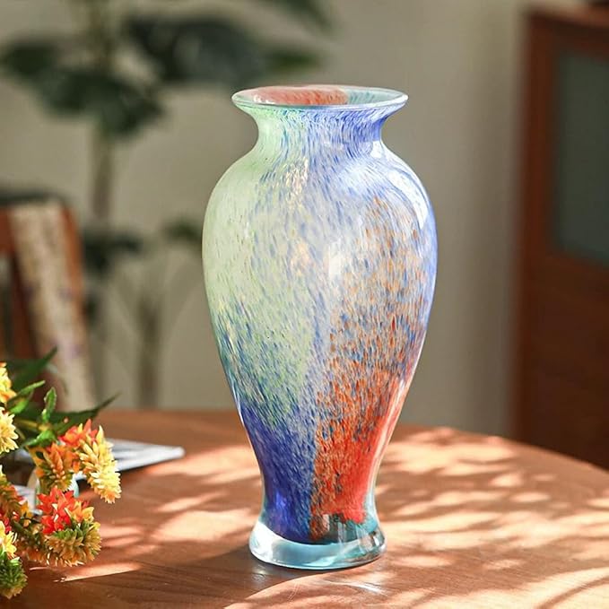 Hand Blown Glass Vase, 11.4" Tall, Murano-Style Art, Multicolor, Abstract, Oblong Shape, Perfect for Living Room, Bathroom, Wedding, Graduation, Mother's Day, Women