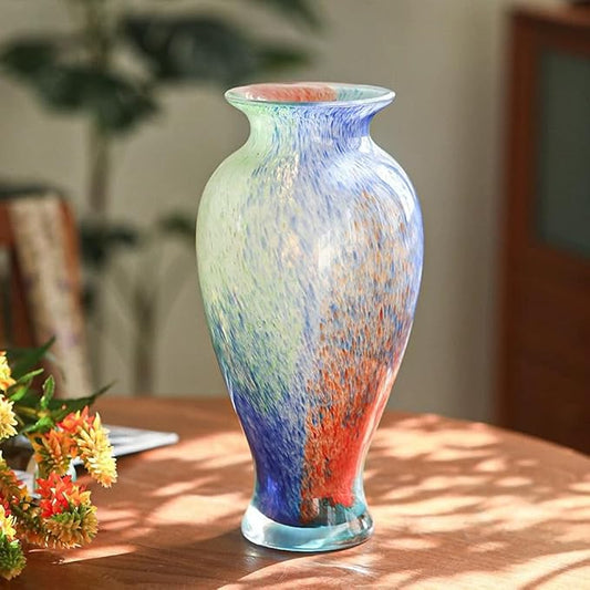 Hand Blown Glass Vase, 11.4" Tall, Murano-Style Art, Multicolor, Abstract, Oblong Shape, Perfect for Living Room, Bathroom, Wedding, Graduation, Mother's Day, Women