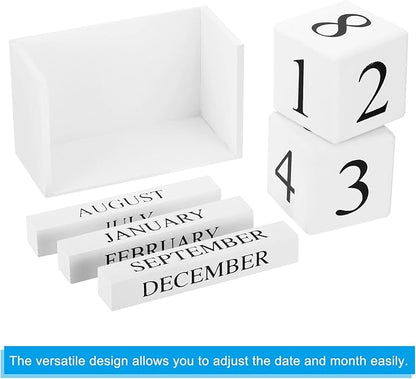 PATIKIL Vintage Wood Block Perpetual Calendar, Reusable Wooden Month Date Display Blocks for Desk Office Home Decoration 6.1", White