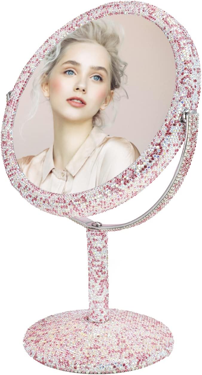KEYPOWER Bling Rhinestone Makeup Vanity Mirror Round with Stand Double Side Cosmetic Glitter Movable Desk Bathroom Bedroom Tabletop(Pink)