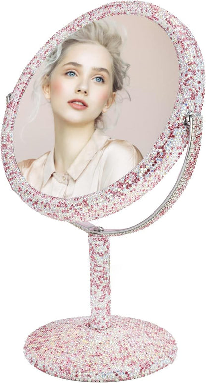 KEYPOWER Bling Rhinestone Makeup Vanity Mirror Round with Stand Double Side Cosmetic Glitter Movable Desk Bathroom Bedroom Tabletop(Pink)